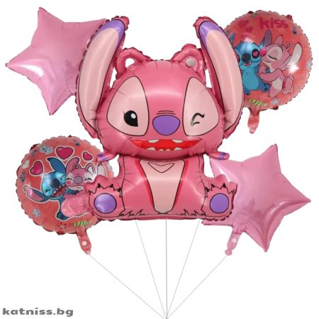 Pink foil balloons with Angel and Stitch for party