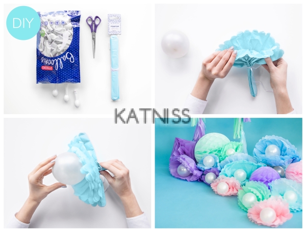 Хартиен помпон - светло розов - 25 см / White Blue Paper Pompom - 25 cm