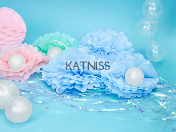 Хартиен помпон - светло розов - 25 см / White Blue Paper Pompom - 25 cm