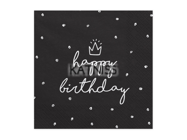 Черни салфетки "Happy Birthday" - 33x33 см  - 20 броя / Black Napkins "Happy Birthday" - 33x33 cm - 20 pieces