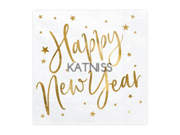 Салфетки "Happy New Year" - бели със златист надпис - 33х33 см - 20 броя / White Napkins "Happy New Year" With Gold Laber - 33x33 cm - 20 pieces