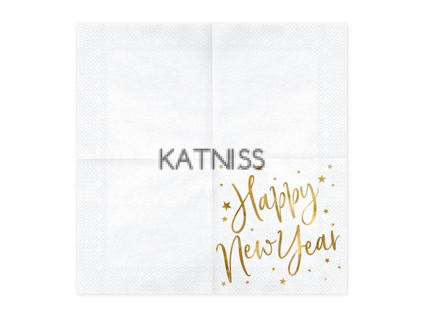 Салфетки "Happy New Year" - бели със златист надпис - 33х33 см - 20 броя / White Napkins "Happy New Year" With Gold Laber - 33x33 cm - 20 pieces