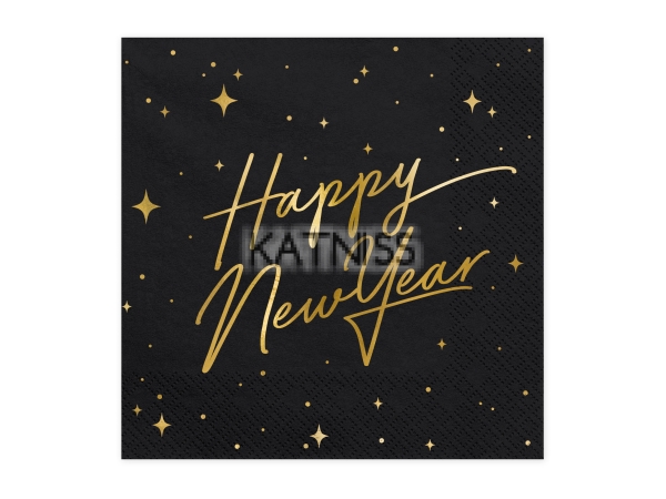 Салфетки "Happy New Year" - черни със златист надпис - 33х33 см - 20 броя / Black Napkins "Happy New Year" With Gold Laber - 33x33 cm - 20 pieces