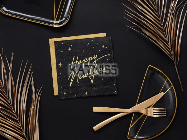 Салфетки "Happy New Year" - черни със златист надпис - 33х33 см - 20 броя / Black Napkins "Happy New Year" With Gold Laber - 33x33 cm - 20 pieces