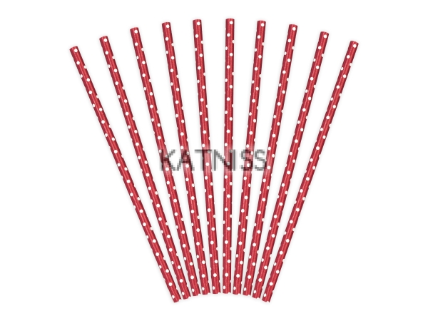 Хартиени сламки - червени на бели точки - 19.5 см - 10 броя / Paper Straws - Red With White Dots - 19.5 cm - 10 pieces