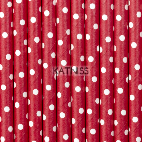 Хартиени сламки - червени на бели точки - 19.5 см - 10 броя / Paper Straws - Red With White Dots - 19.5 cm - 10 pieces