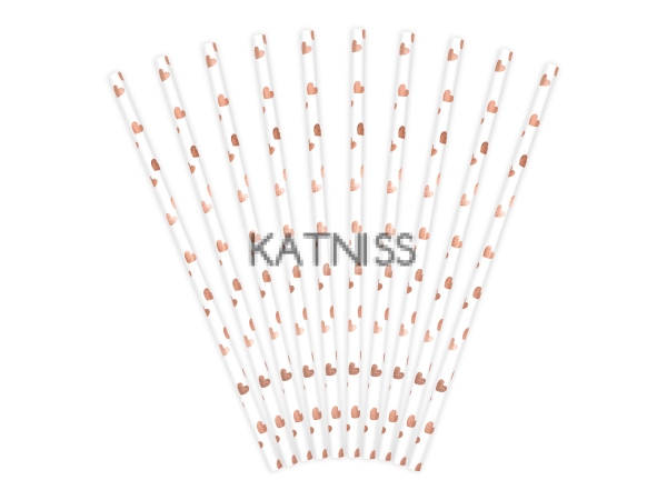 Хартиени сламки - бели със сърца в цвят розово злато - 19.5 см - 10 броя / Paper Straws - White With Rose Gold Hearts - 19.5 cm - 10 pieces