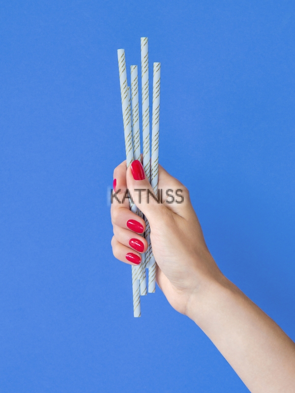 Хартиени сламки - светло сини със златисти орнаменти - 19.5 см - 10 броя / Paper Straws - White Blue With Gold Ornaments - 19.5 cm - 10 pieces