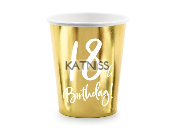 Картонени златисти чаши за 18-ти рожден ден - 220 мл - 6 броя / 18th Birthday Paper Gold Cups  - 220 ml - 6 pieces