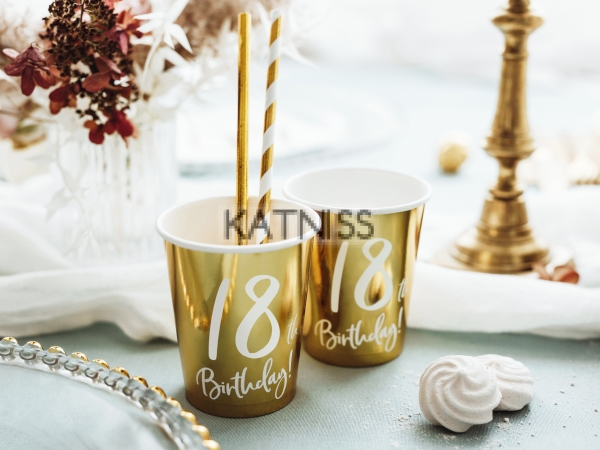 Картонени златисти чаши за 18-ти рожден ден - 220 мл - 6 броя / 18th Birthday Paper Gold Cups  - 220 ml - 6 pieces