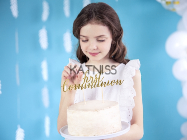 Топер за торта "First Communion" - златист - 21 см / Gold Cake Topper "First Communion" - 21 cm