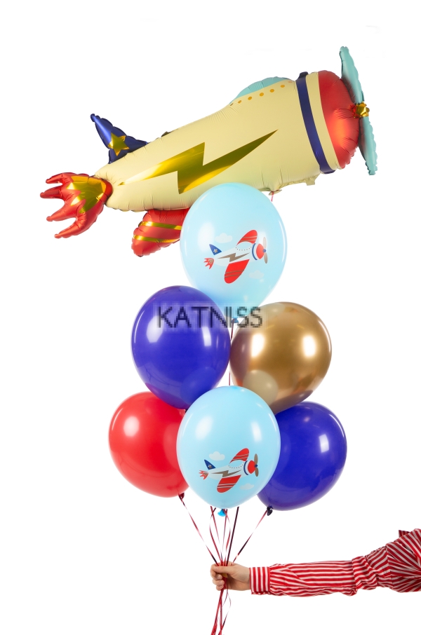 Син латексов балон със самолет - 30 см / Blue Balloon With Airplane - 30 cm