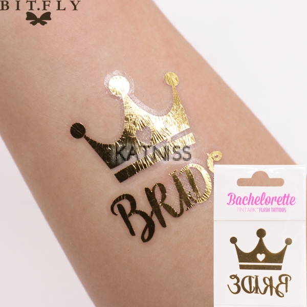 Златиста татуировка с корона със сърце за моминско парти - Bride / Gold bachelorette party tattoo with crown with heart - Bride