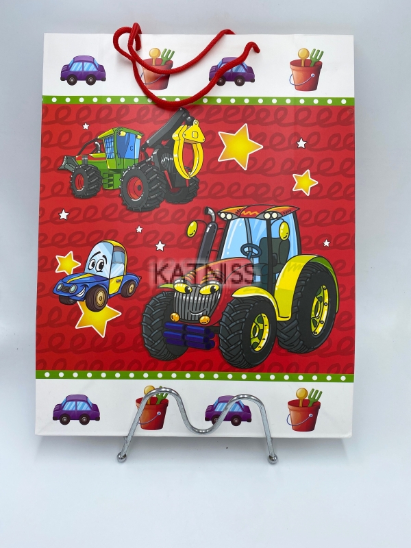 Червена подаръчна торбичка с трактор / Red present bag with tractor