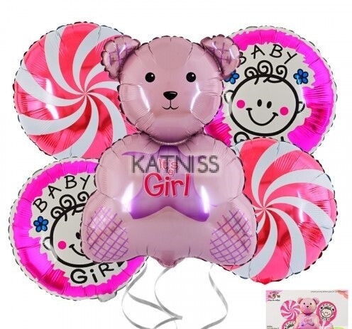 Комплект фолиеви балони с мече "It's a Girl" - 5 броя / Foil balloons with bear "It's a Girl" - 5 pieces