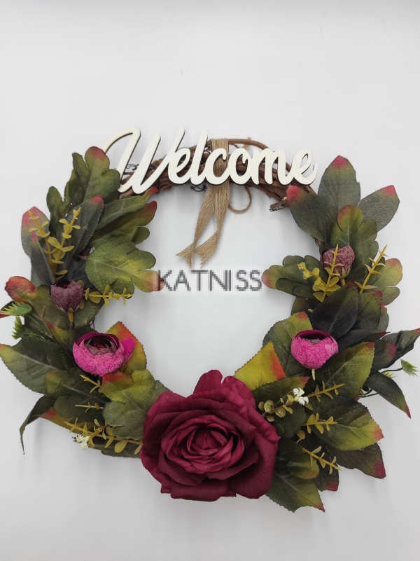 Венец Welcome с рози в цвят бордо / Wreath Welcome with roses in claret colour