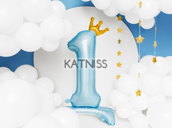 ФОЛИЕВ БАЛОН С ФОРМАТА НА ЧИСЛОТО ЕДНО/1   СВЕТЛО СИН С КОРОНА-  84СМ./FOIL BALLOON STANDING NUMBER '1' 84 SM.