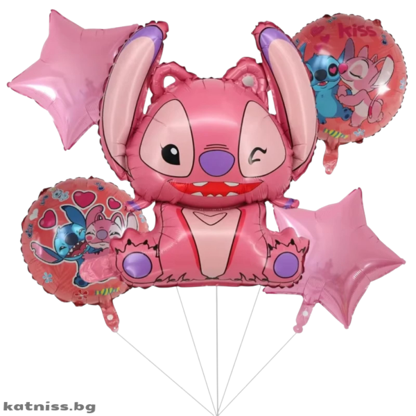 Pink foil balloons with Angel and Stitch for party