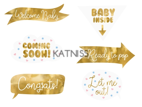 Банери за разкриване на бременност - 6 броя / Baby Showers Party Props - 6 Elements With Gold Stamping