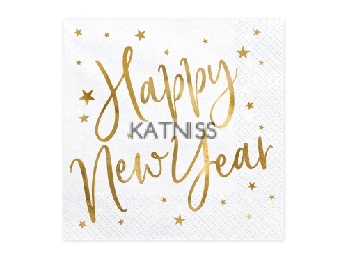 Салфетки "Happy New Year" - бели със златист надпис - 33х33 см - 20 броя / White Napkins "Happy New Year" With Gold Laber - 33x33 cm - 20 pieces