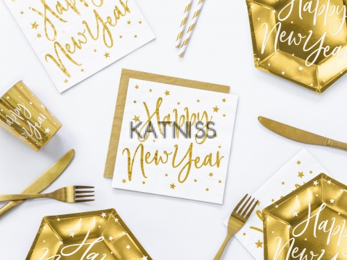 Салфетки "Happy New Year" - бели със златист надпис - 33х33 см - 20 броя / White Napkins "Happy New Year" With Gold Laber - 33x33 cm - 20 pieces