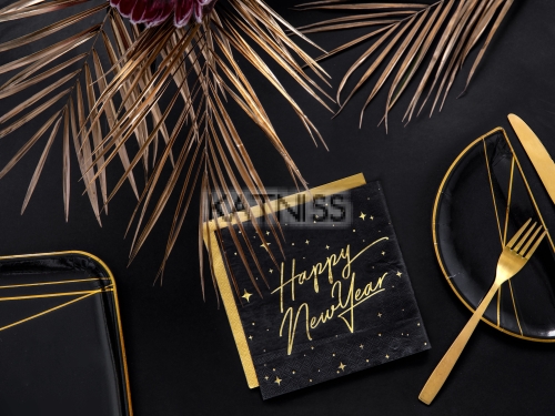 Салфетки "Happy New Year" - черни със златист надпис - 33х33 см - 20 броя / Black Napkins "Happy New Year" With Gold Laber - 33x33 cm - 20 pieces