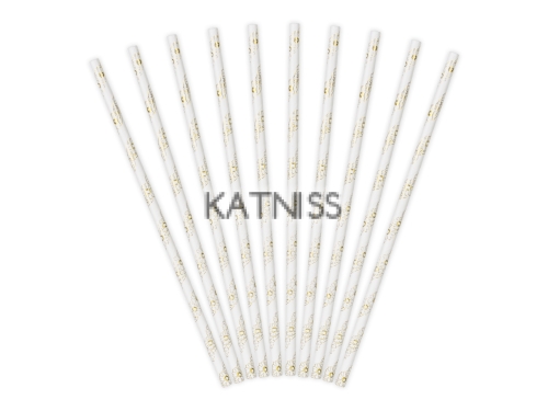 Хартиени сламки - бели със златисти орнаменти - 19.5 см - 10 броя / Paper Straws - White With Gold Ornaments - 19.5 cm - 10 pieces