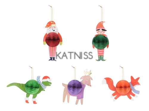 Картонени играчки за елха с хартиена украса - 5 броя / Paper Christmas Tree Toys With Paper Decoration - 5 pieces